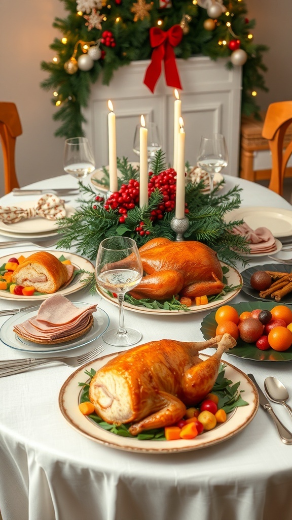Christmas Dinner Party Menu Ideas A festive Christmas dinner table with roast turkey, glazed ham, and colorful side dishes.